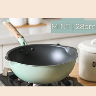 Wood Grain Handle Non-Stick Pan w/ Glass Cover Lid