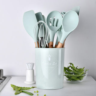 12 Pcs Wooden + Silicone Kitchen Utensils
