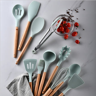 12 Pcs Wooden + Silicone Kitchen Utensils