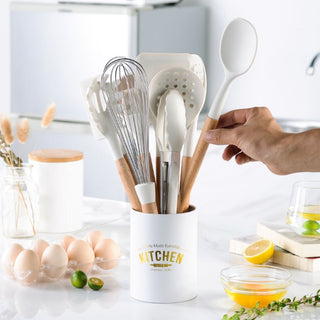 13pc White Silicone + Wooden Kitchen Utensils Set