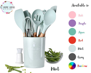 12 Pcs Wooden + Silicone Kitchen Utensils