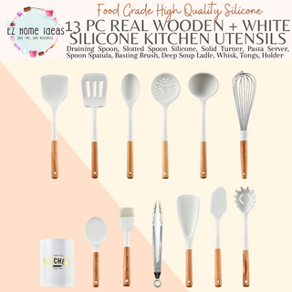 13pc White Silicone + Wooden Kitchen Utensils Set
