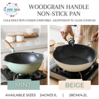 Wood Grain Handle Non-Stick Pan w/ Glass Cover Lid