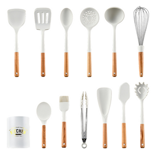 13pc White Silicone + Wooden Kitchen Utensils Set
