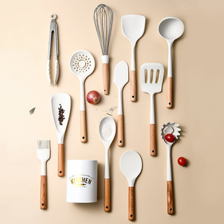 13pc White Silicone + Wooden Kitchen Utensils Set