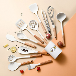 13pc White Silicone + Wooden Kitchen Utensils Set