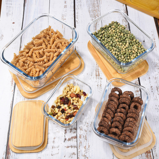 EZ Home Ideas 4pc Glass Food Container with Bamboo Lid