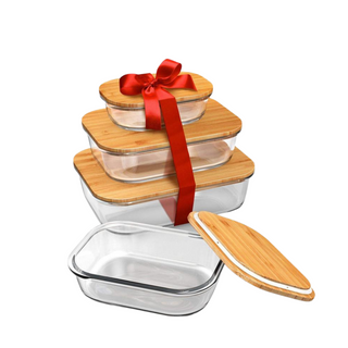EZ Home Ideas 4pc Glass Food Container with Bamboo Lid