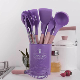 12 Pcs Wooden + Silicone Kitchen Utensils