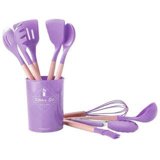 12 Pcs Wooden + Silicone Kitchen Utensils