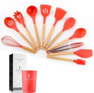 12 Pcs Wooden + Silicone Kitchen Utensils