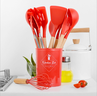 12 Pcs Wooden + Silicone Kitchen Utensils