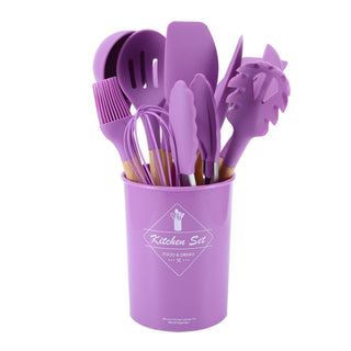 12 Pcs Wooden + Silicone Kitchen Utensils
