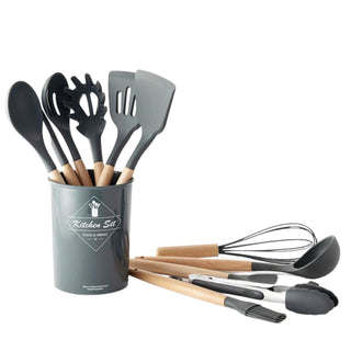 12 Pcs Wooden + Silicone Kitchen Utensils