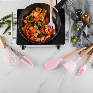 12 Pcs Wooden + Silicone Kitchen Utensils