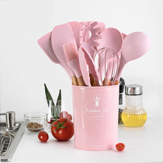 12 Pcs Wooden + Silicone Kitchen Utensils