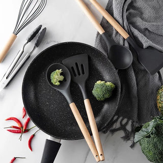 12 Pcs Wooden + Silicone Kitchen Utensils
