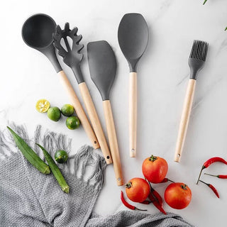 12 Pcs Wooden + Silicone Kitchen Utensils