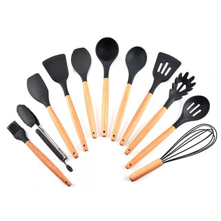 12 Pcs Wooden + Silicone Kitchen Utensils